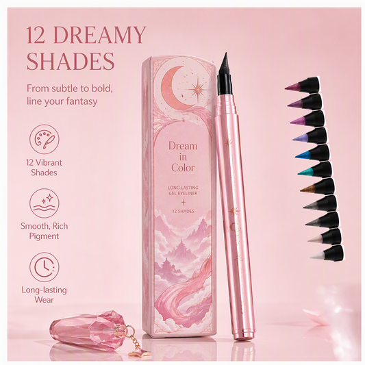 12-Shade Dreamy Winged Gel Eyeliner Pen with Crystal Star Charm – Waterproof Smudge-Proof Color Stamp Liner
