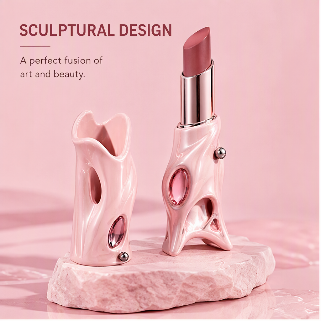 Avant-Garde Sculptural Satin Lipstick with Gem Inlay – Hydrating Creamy Long-Lasting Nourishing Lip Color