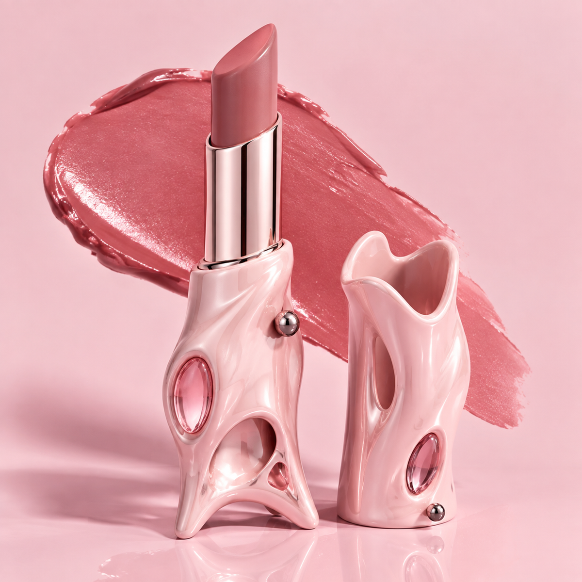 Avant-Garde Sculptural Satin Lipstick with Gem Inlay – Hydrating Creamy Long-Lasting Nourishing Lip Color