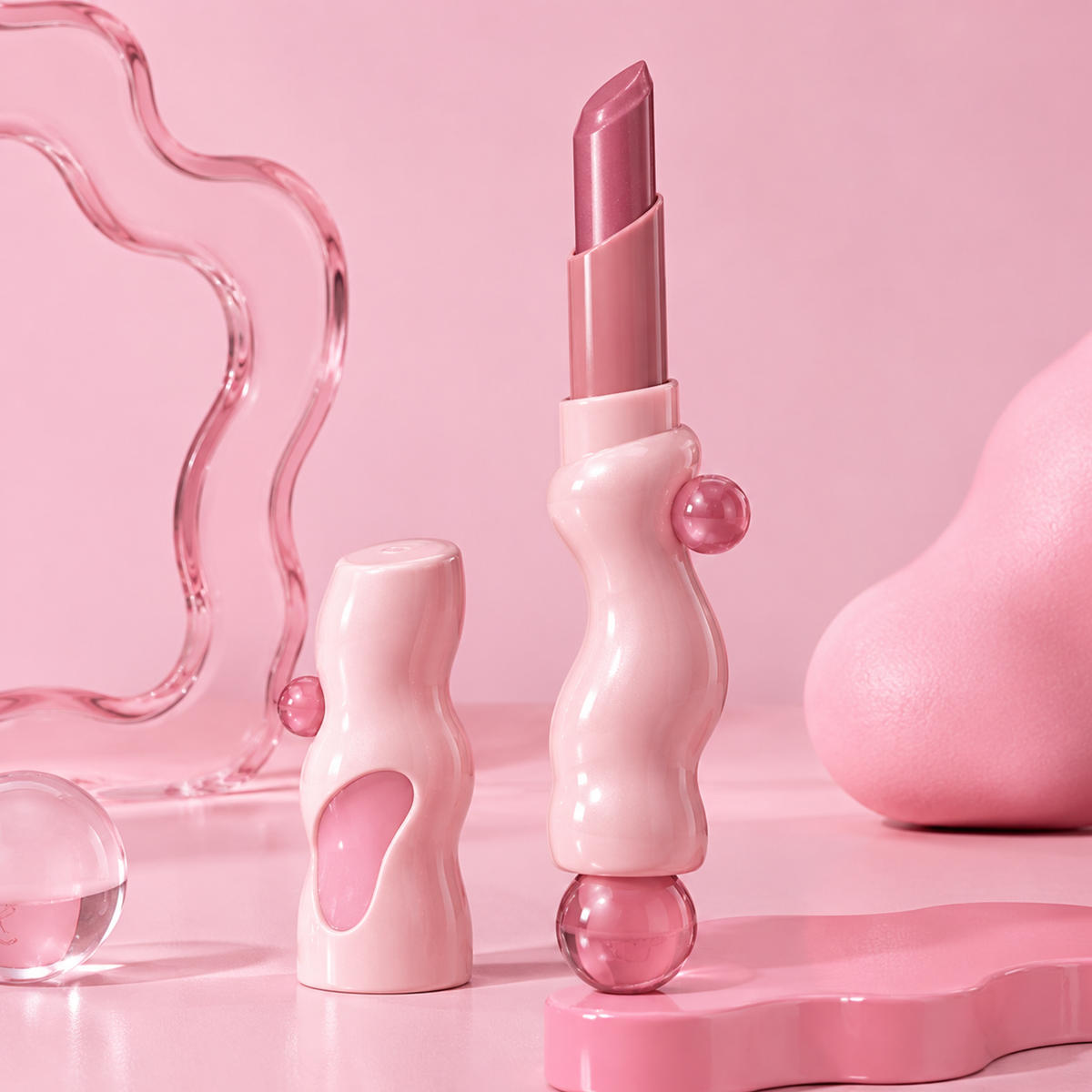 Sculptural Wavy Lipstick with Pink Crystal Orb Accents – Creamy Hydrating Rich Color Long-Lasting Lip Color