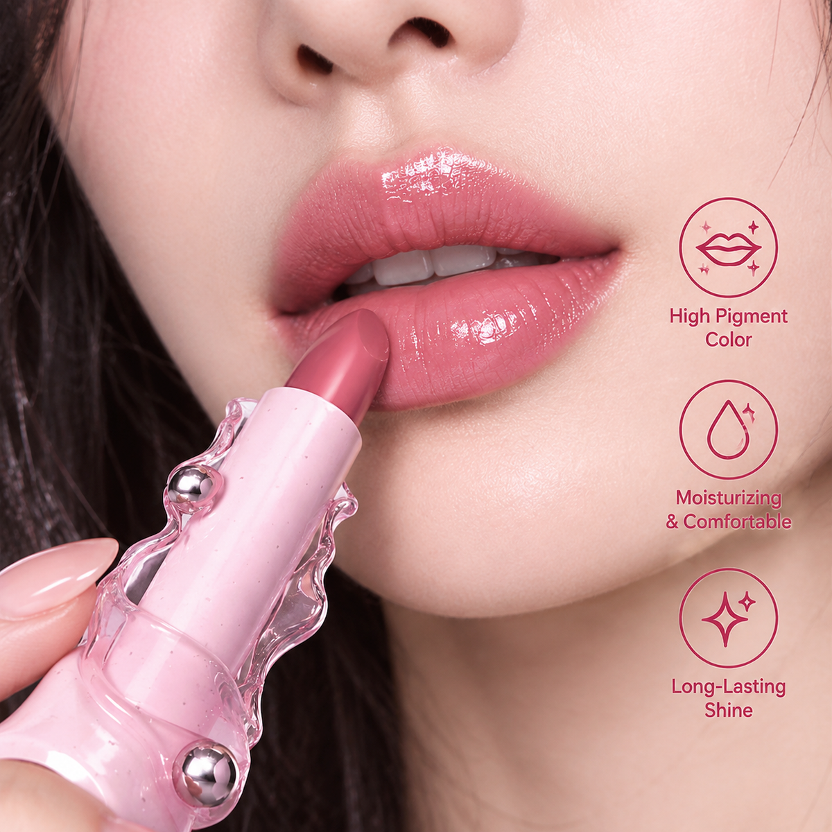 Sculptural Stone Terrazzo Lipstick with Chrome & Glass Accents – Waterproof Smudge-Proof Velvet Luxury Lip Color