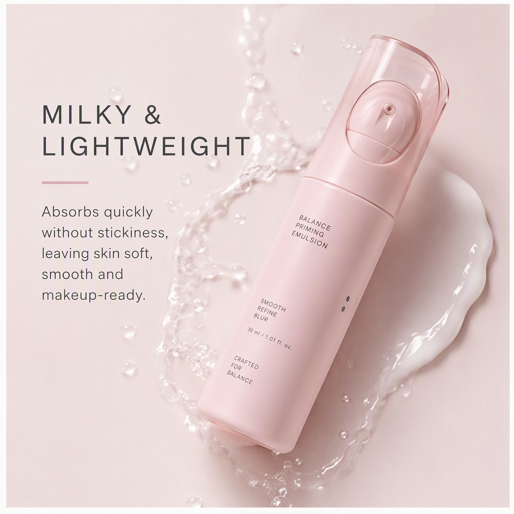 Balance Priming Emulsion with Pore-Refining Finish – Lightweight Milky Hydrating Base for Makeup Prep