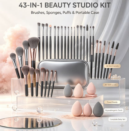 43 Piece All-In-One Beauty Tool Kit – Premium Makeup Brushes, Sponges and Puffs with Portable Storage Case